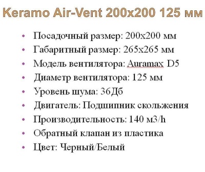Решетка + вентилятор Keramo Air-Vent 200х200 D125 (черная) детальное фото